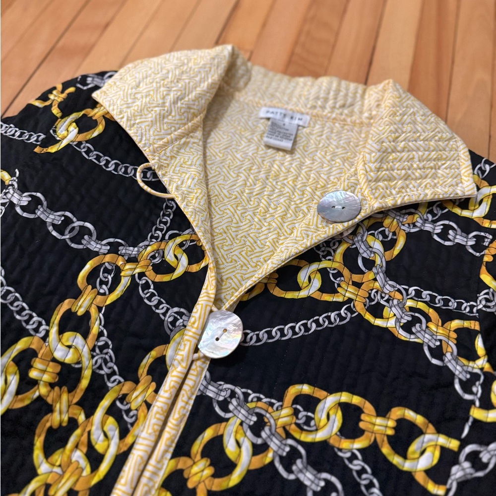 VTG Patty Kim Reversible Black and Yellow Chain Pattern Quilted Jacket Sz S EUC